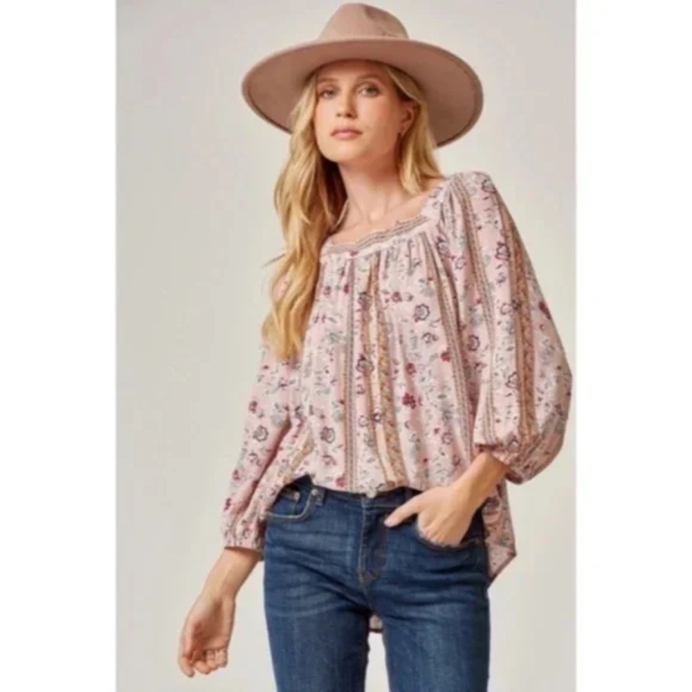 Mauve Bohemian Floral Print Peasant Long Sleeve Tie Back Square Neck Blouse - Picture 4 of 6